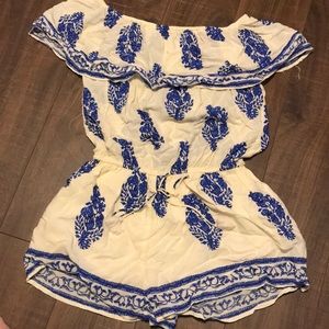 Off white and blue off the shoulder, short romper.